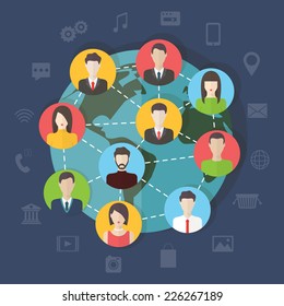 Social media network connection concept with user avatars around the globe. Flat design vector with infographic elements