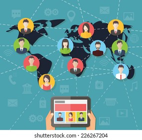Social media network connection concept with user avatars on the map and hands holding tablet. Flat design vector with infographic elements