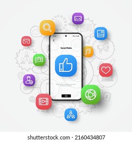 Social media network connection, digital market communication, online business concept. Realistic smartphone mockup, 3d icons flying over screen on hand drawn sketch, doodle design background. Vector