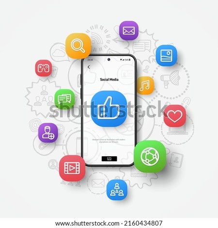 Social media network connection, digital market communication, online business concept. Realistic smartphone mockup, 3d icons flying over screen on hand drawn sketch, doodle design background. Vector