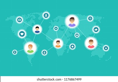 Social media and network connection map concept. World communication people social network illustration.
