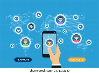 Social media and network connection map concept. Smartphone people social network illustration.