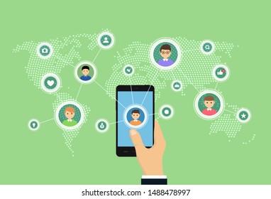 Social media and network connection map concept. Smartphone people social network illustration.