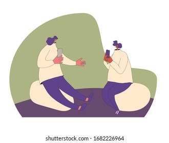 Social media network. Cute characters using their mobile for texting a message isolated on white background. Two young persons chating with their phones. Interactive communication. Vector illustration