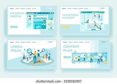 Página de inicio de Desarrollo de Redes Sociales. Contabilidad y creación de perfiles. Administración de publicidad. Personas trabajando en el Plan de Contenido y la Estrategia de Marketing Digital. Ilustración vectorial