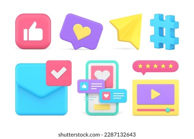 Social media network digital communication multimedia content interaction set 3d icon realistic vector illustration. Smartphone application chatting like message send hashtag video play review rate