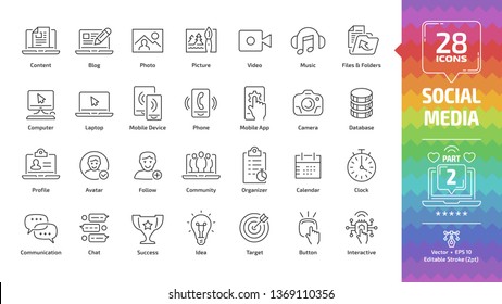 Social Media Network Editable Stroke Outline Icon Set Part 2 With Global Internet Digital Technology, Computer, Laptop And Mobile Device, Web Content: Blog, Photo, Picture, Video And Music Line Sign.