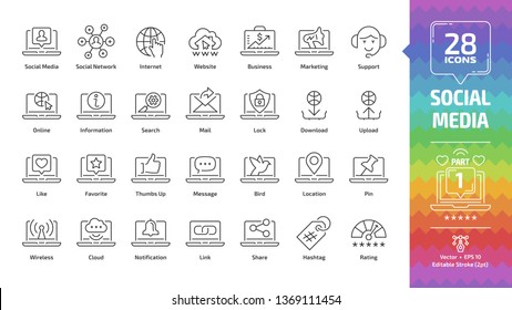 Social media network editable stroke outline icon set part 1 with global internet website, digital business and marketing technology, web support, message, share and like line symbols.