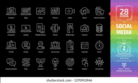 Social media network editable stroke outline icon set on a black background part 2 with global internet digital technology, computer, laptop and mobile device, wireless communication chat line sign.