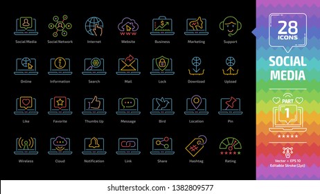 Social media network editable stroke color outline icon set part 1 on a black background with global internet website, digital business and marketing technology, web support line pictogram.