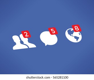 Social media network (Facebook, Vkontakte) notifications icons - Friends, Messages (Chats, Comments), Notifications on screen. Concepts: Internet friendship, communication, Blogging, Online messaging