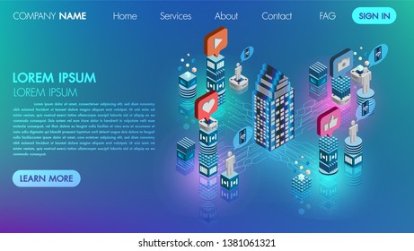 Social media network flat 3d isometric concept vector icon with technology connect database digital cyber process vector illustration.