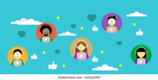 Social media network flat design. Communicate, global concepts. Vector illustration
