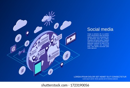Social media, network, global communications, live chat flat isometric vector concept illustration