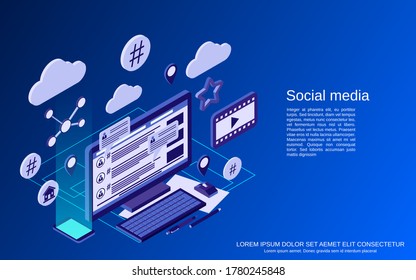 Social media, network, global communications, live chat flat isometric vector concept illustration