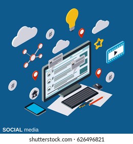 Social media, network, global communications, live chat flat isometric vector concept illustration