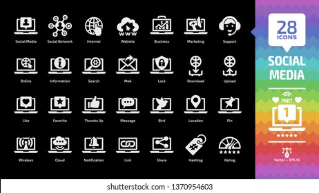 Social media network glyph icon set on a black background part 1 with global internet website, digital business and marketing technology, message, like and share silhouette symbols.