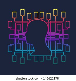 Social media network. Growth background with lines, human head and phone silhouettes. Connected symbols for digital, interactive and global communication concept.