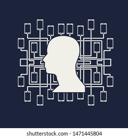 Social media network. Growth background with lines, human head and phone silhouettes. Connected symbols for digital, interactive and global communication concept.