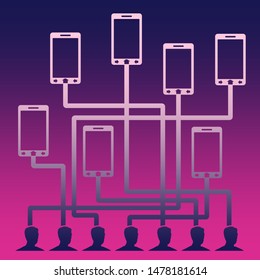 Social media network. Growth background with lines and phone silhouettes. Connected symbols for digital, interactive and global communication concept.