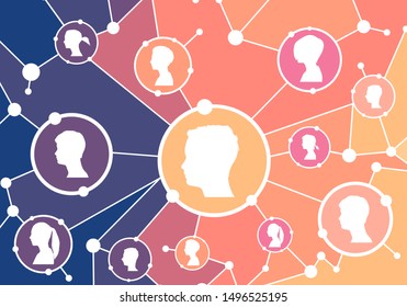 Social media network. Growth background with lines, circles and integrate human silhouettes. Connected symbols for digital, interactive and global communication concept.