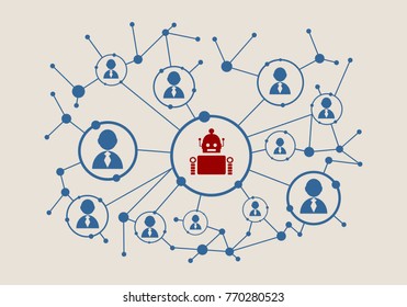 Social media network. Growth background with lines, circles and integrate flat icons. Connected symbols for digital, interactive and global communication concept. Human and robot teamwork