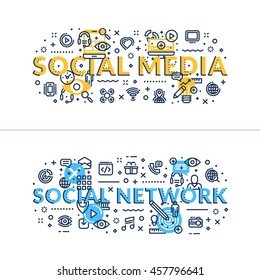 Social Media and Social Network headings, titles. Horizontal colored flat vector illustration.