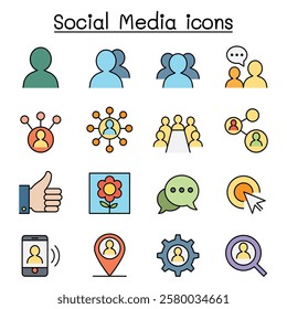 Social Media and Social network icon set in color line style