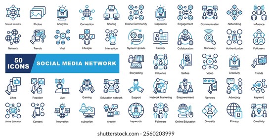 Social Media Network Icons Collection contains creator,Influence,Empowerment,Innovation,Subscribe,Trends,Reviews,Interaction,Privacy,Creativity,Network Marketing Icons Simple Illustration