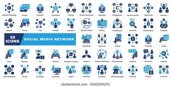 Social Media Network Icons Collection contains creator,Influence,Empowerment,Innovation,Subscribe,Trends,Reviews,Interaction,Privacy,Creativity,Network Marketing Icons Simple Illustration