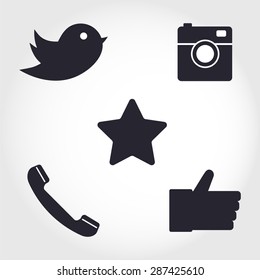 Social media and network icons set. Collection of different icons - hipster digital camera, like hand symbol, messenger bird and telephone receiver. Vector illustration
