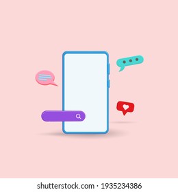 Social media network icons with smartphone 3d vector illustration. 3d Abstract, trendy design social media with pastel color background