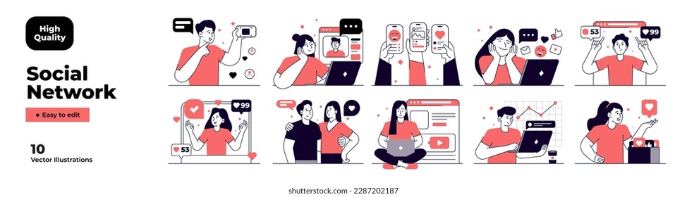 Social Media Network illustrations. Mega set. Collection of scenes with men and women taking part in business activities. Trendy vector illustration