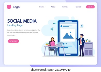 Concepto de Ilustración Vectorial de Red de Medios Sociales e Influencer , Estilo de plantilla Vectorial Plano Adecuado para Páginas de Aterrizaje Web.