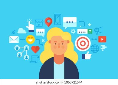 Social media network, influencing, online marketing. Flat design modern vector illustration concept.
