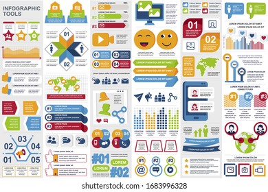 Conjunto de elementos de infografía de la red de medios sociales. Conjunto de plantillas de visualización de datos de marketing social. Diagrama gráfico de información colorida, gráficos de flujo de trabajo, gráficos de líneas y barras ilustraciones vectoriales.