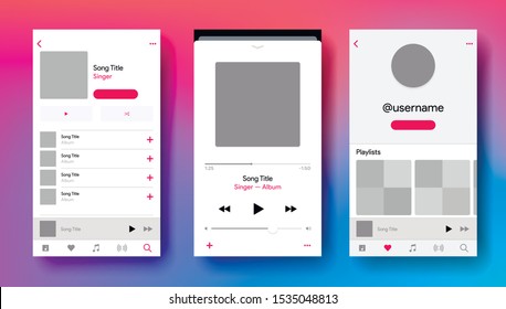Social Media Network Inspired By Apple Music. Mobile App Interface. Subscription Music Player. Profile, Album, Song, Playlist Mockup. Applemusic Screen. Vector Illustration.