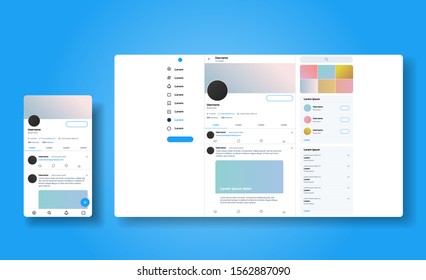 Social media network inspired by twitter. Ui Ux web responsive template of tweeter account. Mobile social media app and desctop. User profile, followers, and tweet mock up.  Vector illustration