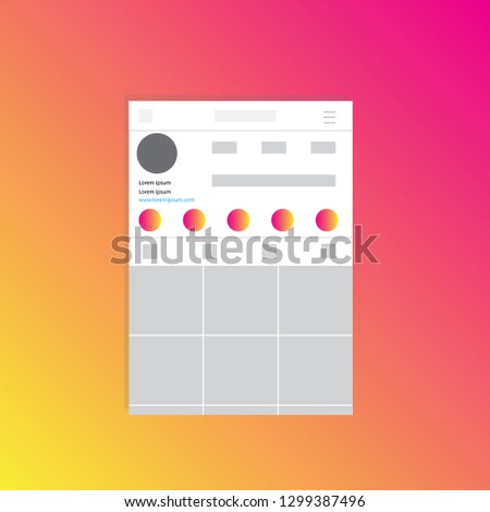 Social media network inspired by Instagram. Mobile app with photo tile template. User profile, followers, recommendations, and posts. Story. Vector illustration.	