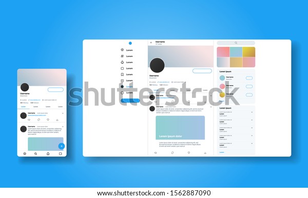 Social
media network inspired by twitter. Ui Ux web responsive template of
tweeter account. Mobile social media app and desctop. User profile,
followers, and tweet mock up.  Vector
illustration