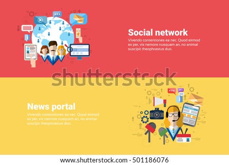 Social Media Network Internet Connection Communication, News Portal Application Web Banner Flat Vector Illustration