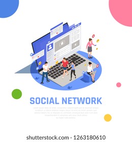 Social media network isometric composition on laptop with applications smartphone addicted users communicating messages  sharing vector illustration