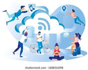 Social Media Network Lifestyle Metaphor Flat Banner Vector Illustration Levitating Sitting People Using Devices Music Sport Mail GPS Mobile Application in Daily Life Wireless Internet Connection