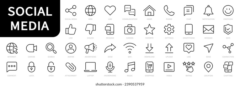 Los iconos de línea de medios sociales y de red están configurados. Medios sociales, redes sociales, chat, mensaje, colección de símbolos de blogs. Vector