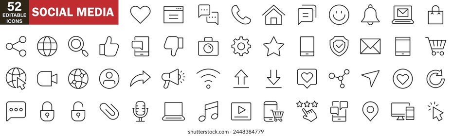 Social Media and  Network line icons set. Social media, social network, chat, message, blog icon collection. Vector illustration on white background icons, editable stroke line icons, 