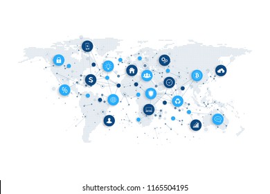 Social media network and marketing concept with dotted world map. Internet and business technology. Analytical networks. Vector illustration.