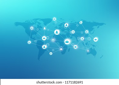 Social media network and marketing concept on World Map background. Global business concept and internet technology, Analytical networks. Vector illustration.