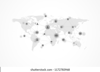 Social media network and marketing concept on World Map background. Global business concept and internet technology, Analytical networks. Vector illustration.