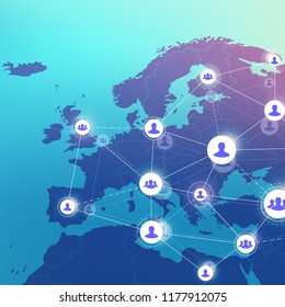 Social media network and marketing concept on World Map background. Global business concept and internet technology, Analytical networks. Vector illustration.