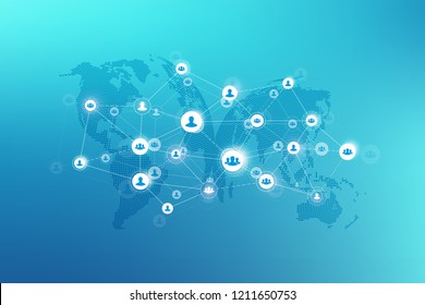 Social media network and marketing concept on World Map background. Global business concept and internet technology, Analytical networks. Vector illustration.